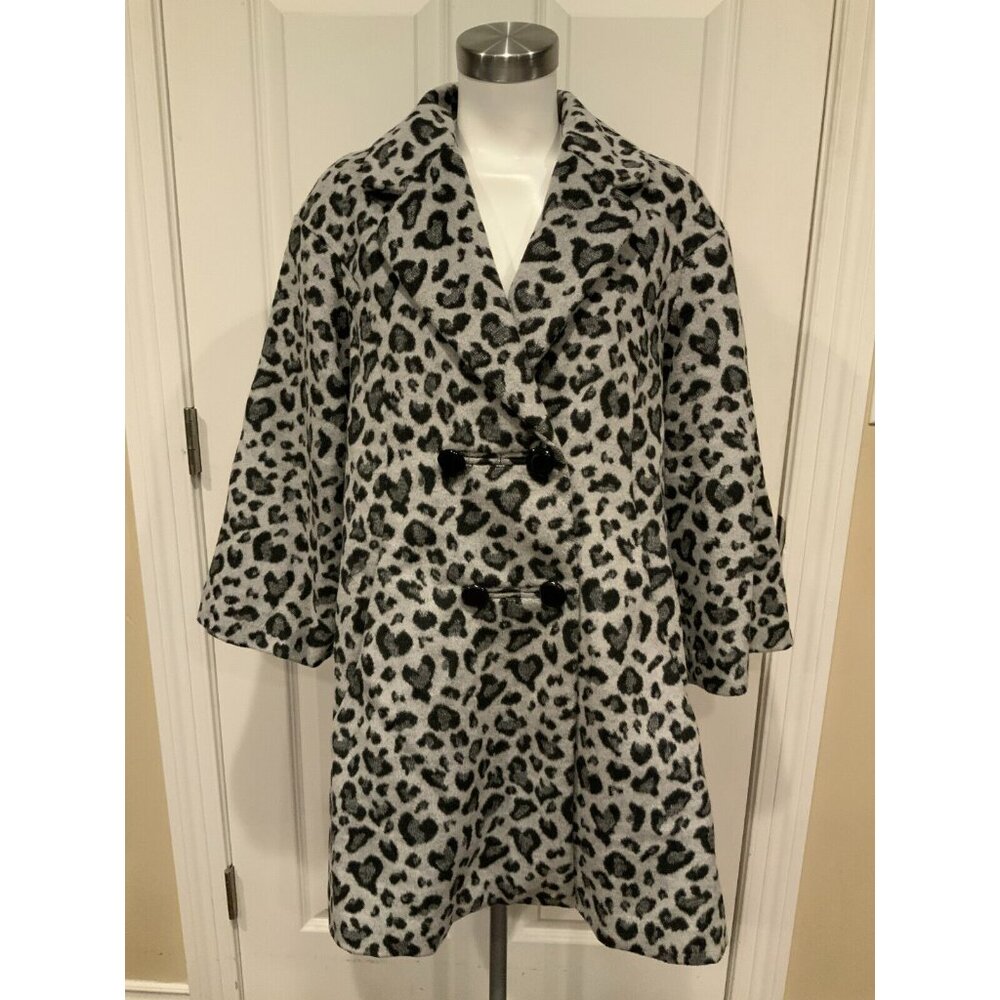 Elevenses Anthropologie Gray & Black Leopard Print Double Breasted Coat, Size M